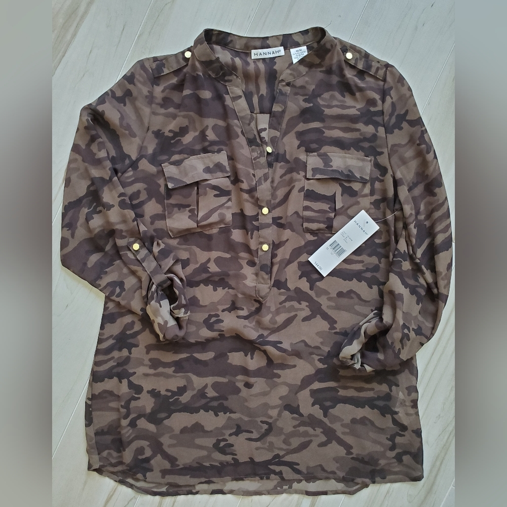 NWT sheer, camo pattern size M blouse